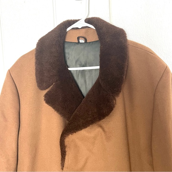 Vintage Caramel Tan Double Breasted Fur Collar Pea Coat Alpaca Fur Lined 2X - Picture 8 of 16
